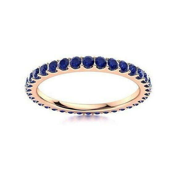 Blue Sapphire Round 2 mm Wedding Engagement Full Eternity Band Ring 925 Sterling Silver Rose Gold Plated Gemstone Jewelry For Women Gift By KIRAN FINE JEWELS