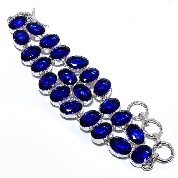 Blue Sapphire (Simulated) 925 Silver Plated Ethnic Bracelet 7.99" S197, Valentine's Day Gift, Birthday Gift, Beautiful Jewelry For Woman & Girls