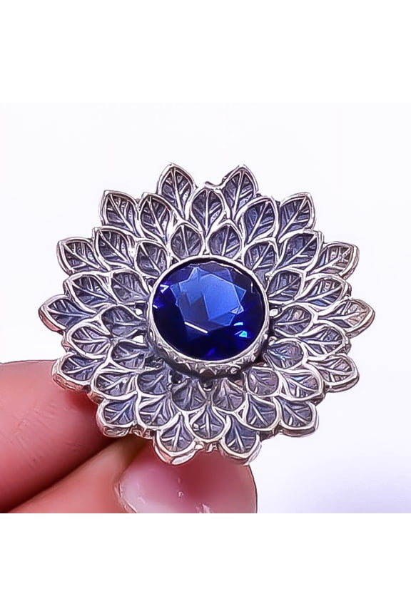 Blue Sapphire (Simulated) 925 Sterling Silver Bali Flower Ring s.7 R7460-5
