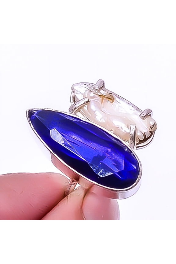 Blue Sapphire (Simulated),Biwa Pearl Gemstone 925 Silver Handmade Ring s.8 A32