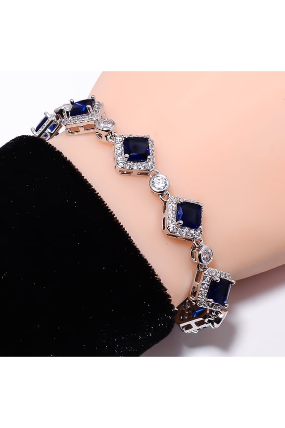 Blue Sapphire -Simulated, CZ 925 Sterling Silver Adjustable Bracelet 7-8" B1141