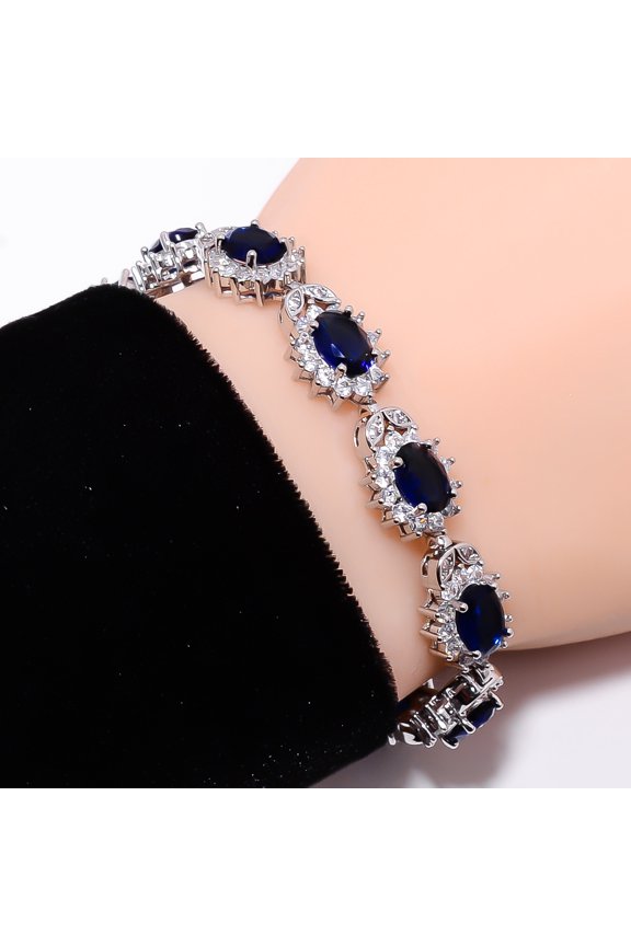 Blue Sapphire -Simulated, CZ 925 Sterling Silver Adjustable Bracelet 7-8" B1223