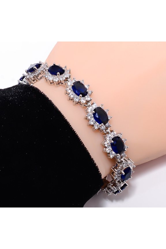 Blue Sapphire -Simulated, CZ 925 Sterling Silver Adjustable Bracelet 7-8" B1227