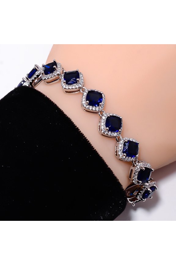 Blue Sapphire -Simulated, CZ 925 Sterling Silver Adjustable Bracelet 7-8" B1727