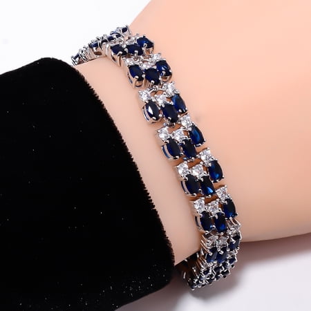 Blue Sapphire -Simulated, CZ 925 Sterling Silver Adjustable Bracelet 7-8" B3213