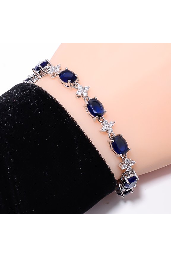 Blue Sapphire -Simulated, CZ 925 Sterling Silver Adjustable Bracelet 7-8" B3910