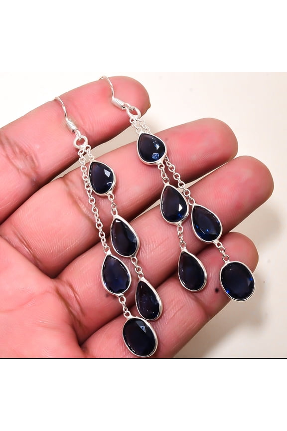 Blue Sapphire (Simulated) Gemstone 925 Sterling Silver Bezel Earring 3.12" E53