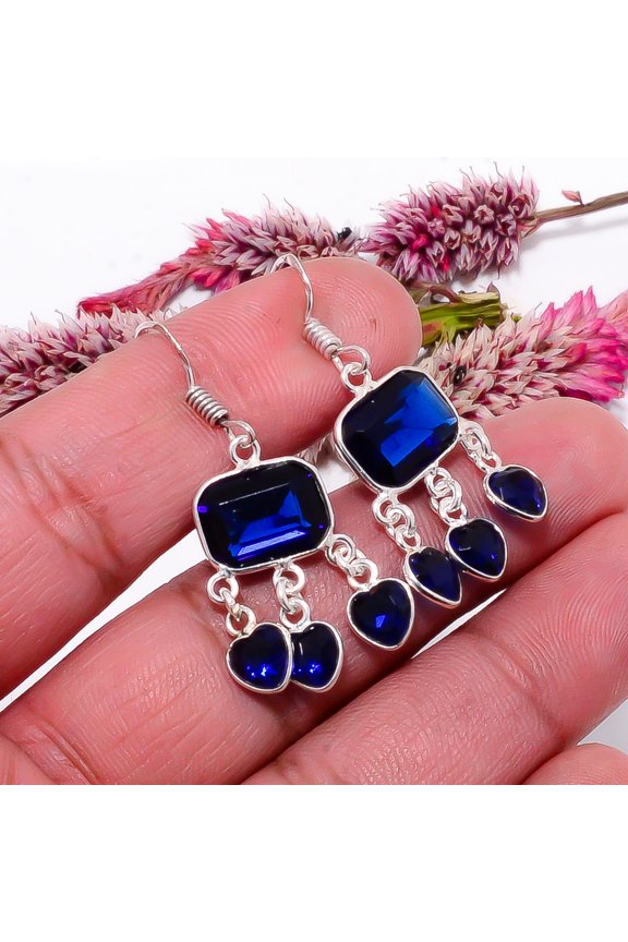 Blue Sapphire (Simulated) Gemstone 925 Sterling Silver Earring 1.60" E133
