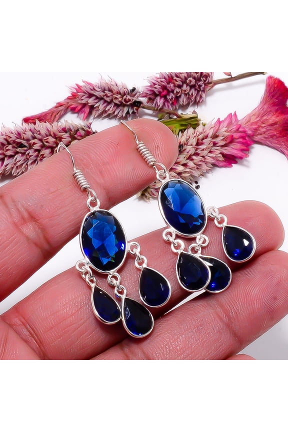 Blue Sapphire (Simulated) Gemstone 925 Sterling Silver Earring 1.95" E137