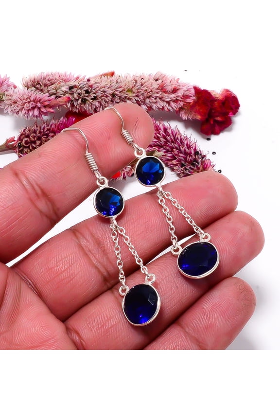 Blue Sapphire (Simulated) Gemstone 925 Sterling Silver Earring 2.26" E317