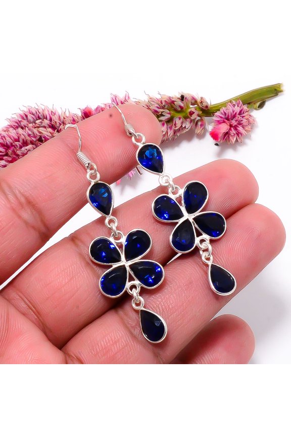 Blue Sapphire (Simulated) Gemstone 925 Sterling Silver Earring 2.34" E40
