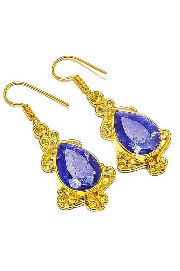 Blue Sapphire (Simulated) Silver 18k Yellow Gold Plated Earring 1.87" E24-384, Beautiful Jewelry For Woman, New Year Sale, Valentin's Day Gift