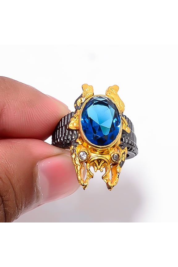 Blue Sapphire (Simulated) & White Topaz 925 Sterling Silver Frog Ring S.7.5 R87518, Christmas Gift