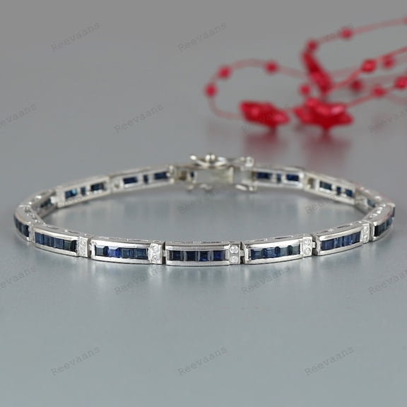 Blue Sapphire Square Cut Gemstone Bracelet,Silver Gold,wedding Anniversary Gift for women