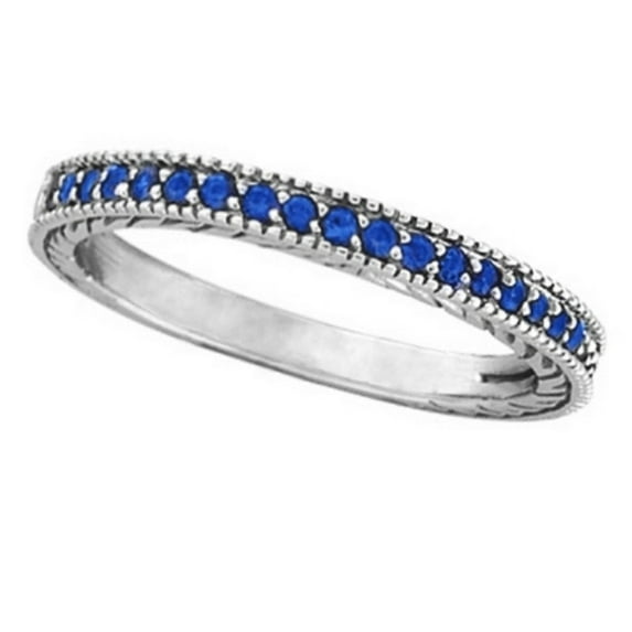 Blue Sapphire Stackable Ring With Milgrain Edges in 14k White Gold