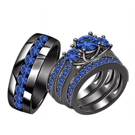 Blue Sapphire Wedding Engagement Trio Ring Set in 14k Black Gold Vermeil - September Birthstone Ring For His & Her - Couple Ring
