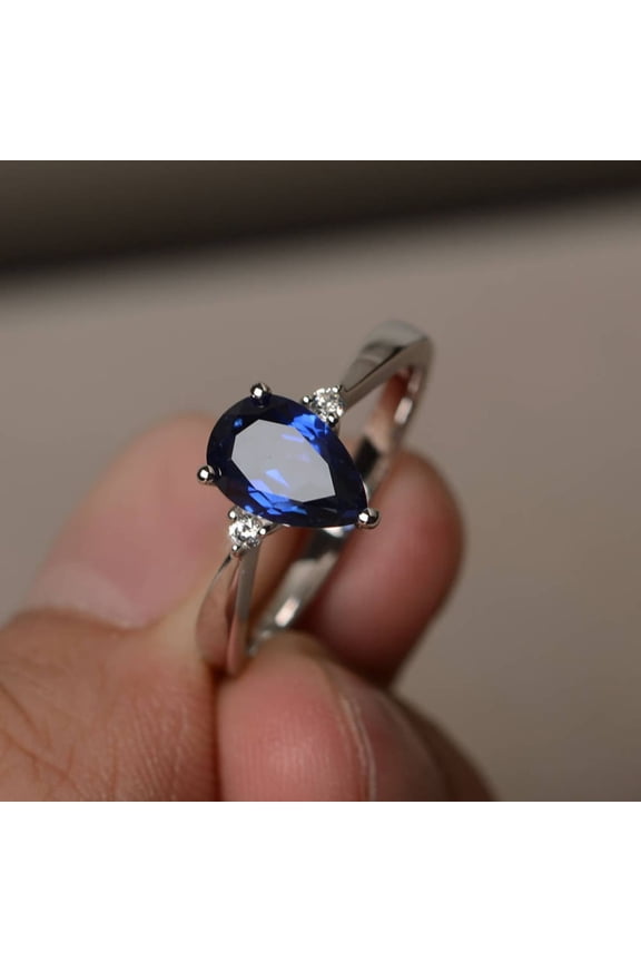 Blue Sapphire Wedding Ring September Birthstone Ring Pear Cut Blue Gemstone Sterling Silver