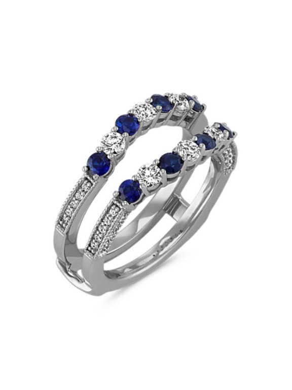 Blue Sapphire & White CZ Double Band Ring Enhancer in 925 Sterling Silver – Pavé Side Accent Ring Guard – Bridal Wedding Jacket for Women