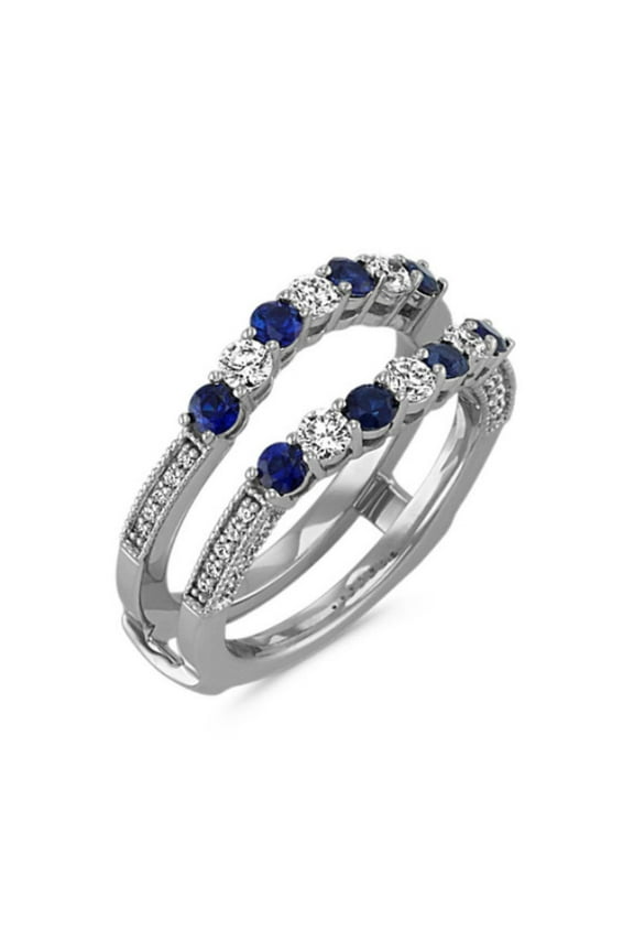Blue Sapphire & White CZ Double Band Ring Enhancer in 925 Sterling Silver – Pavé Side Accent Ring Guard – Bridal Wedding Jacket for Women