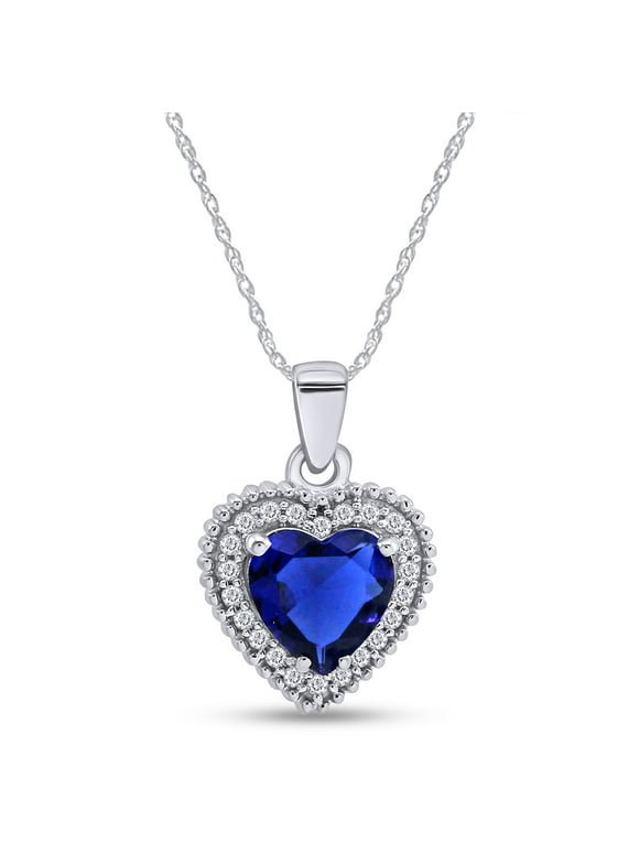 Blue Sapphire & White Cubic Zirconia Heart Pendant Necklace For Women 14K White Gold Over 925 Sterling Silver 18" Chain