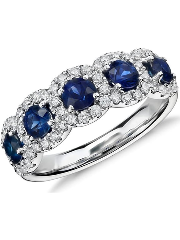 Blue Sapphire White Diamond Half Eternity Wedding Band for Women 5 Stone Round Princess Cut Sapphire Cubic Zirconia Promise Ring Promise Anniversary Rings Engagement Rings for Her size 7