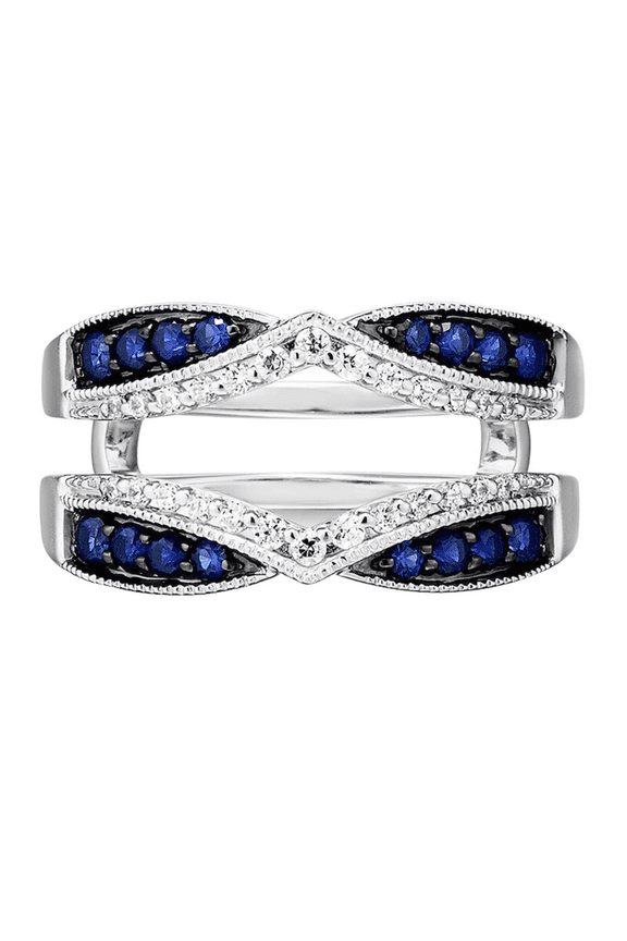 Blue Sapphire & White Diamond Wrap Ring Jacket in 925 Sterling Silver - Wedding Engagement Ring Enhancer For Women & Girls