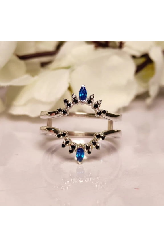 Blue Sapphire and Black Diamond Ring Guard- Delicate Wedding Ring Enhancer- Stackable Ring