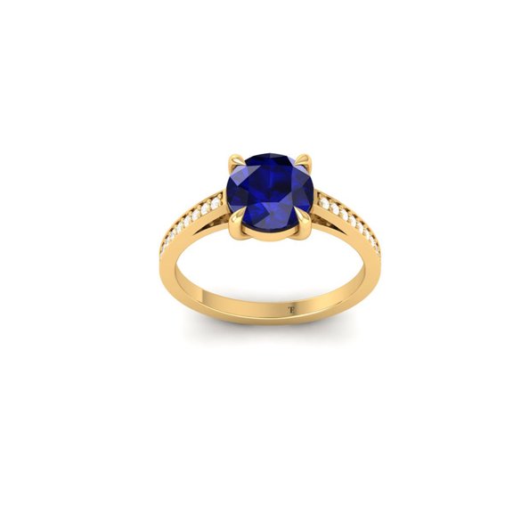 Blue Sapphire and Moissanite Round Cut Engagement Ring for Women, 14K Yellow Gold Plated