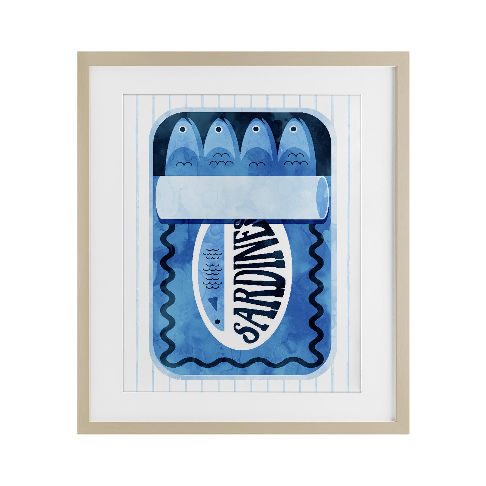 Blue Sardine Tin Over Stripes Birch Framed Print Under Glass, design by Daphne Polselli