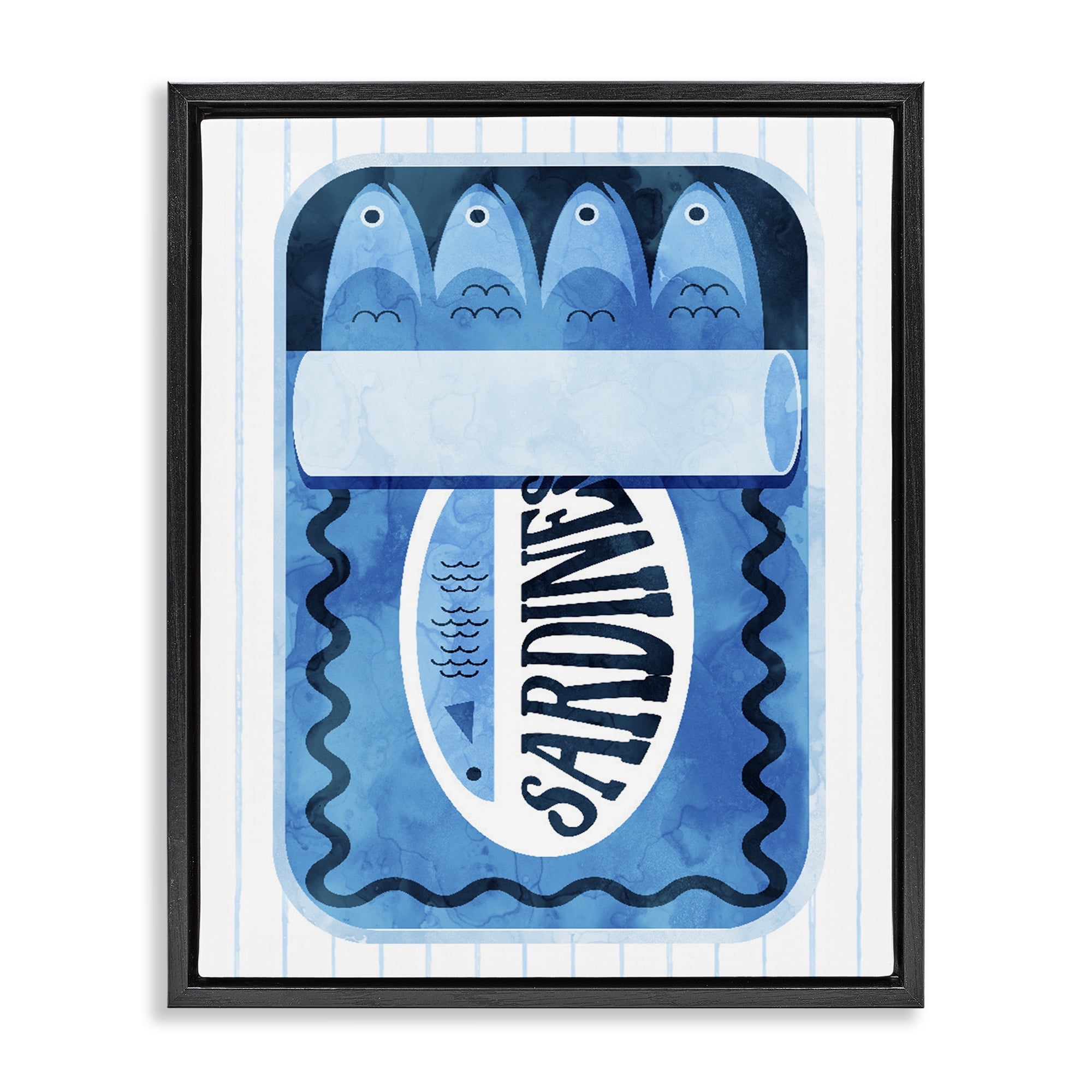 Blue Sardine Tin Over Stripes Black Framed Floater Canvas Wall Art, design by Daphne Polselli