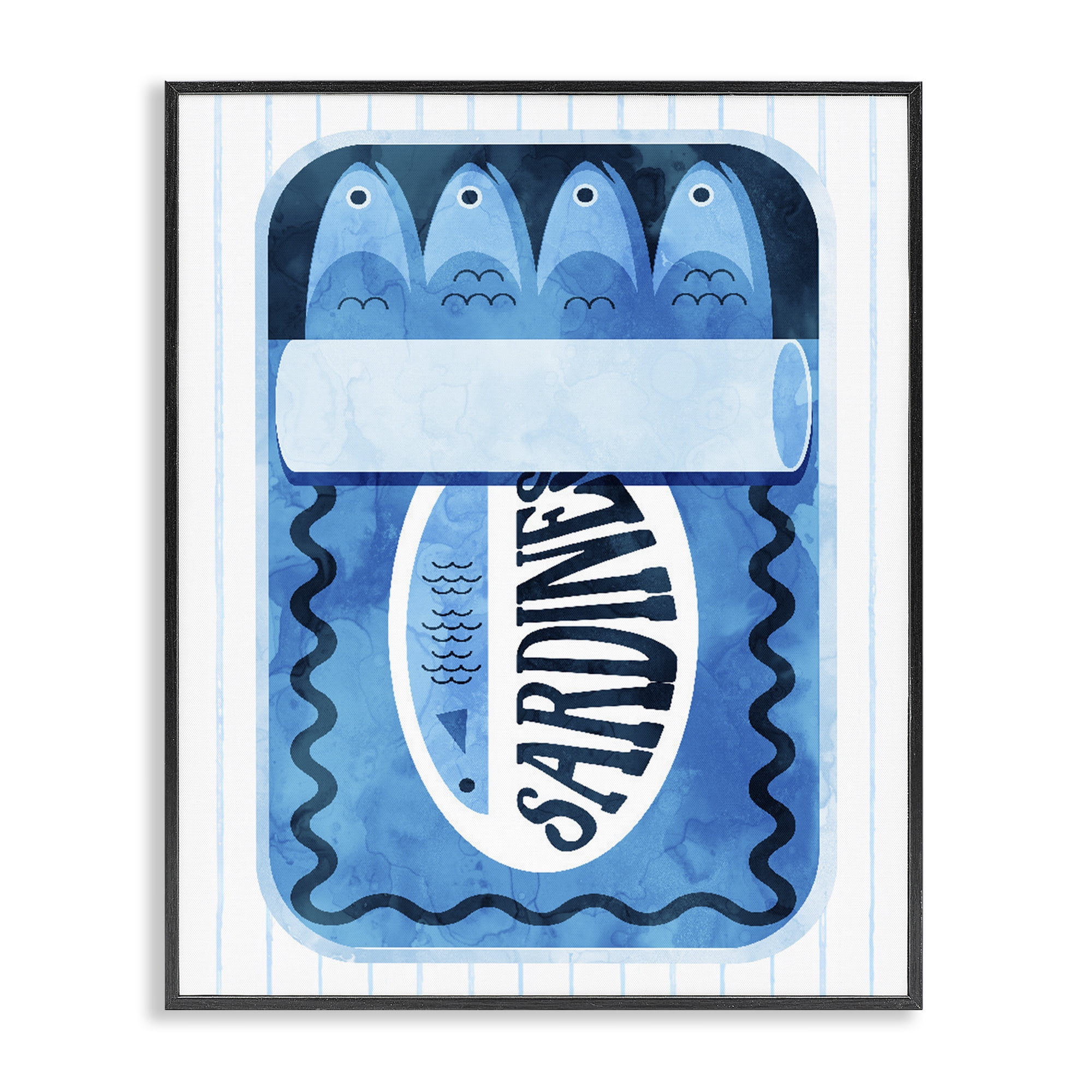 Blue Sardine Tin Over Stripes Black Framed Giclee Art, design by Daphne Polselli