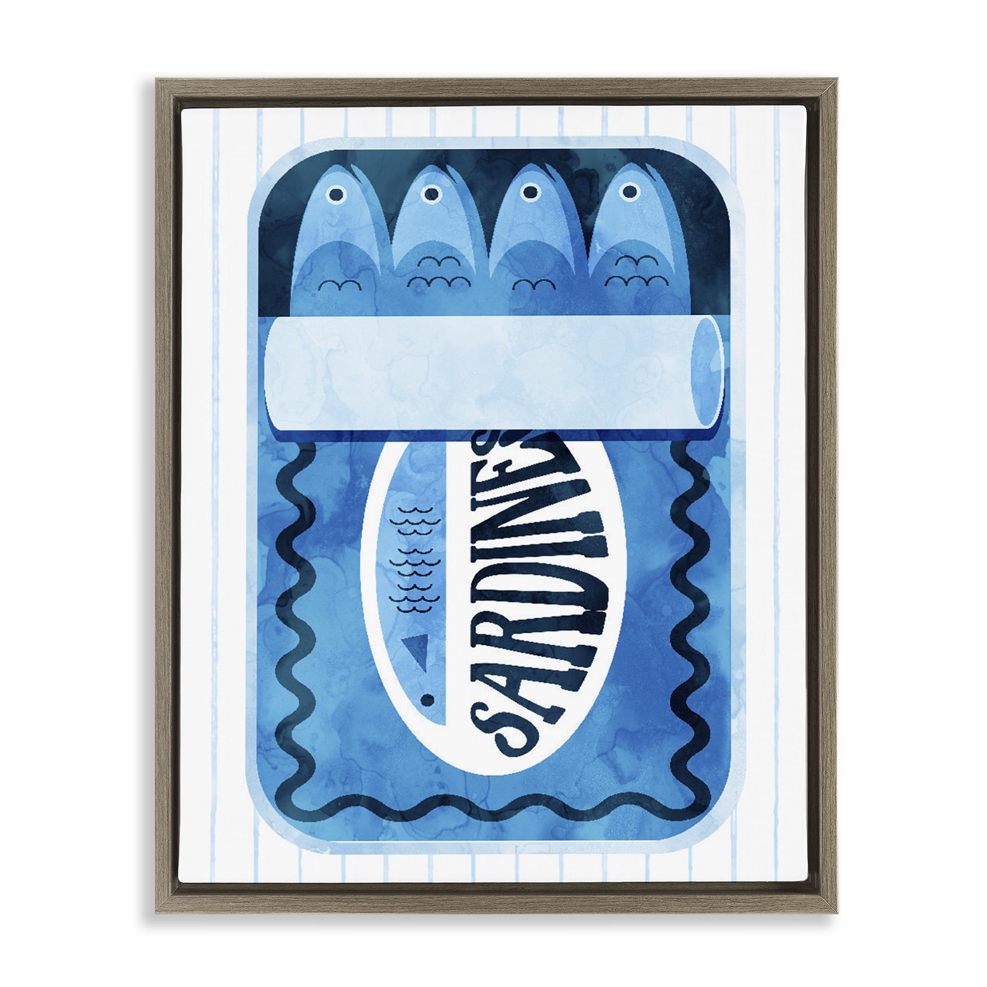 Blue Sardine Tin Over Stripes Brown Framed Floater Canvas Wall Art, design by Daphne Polselli