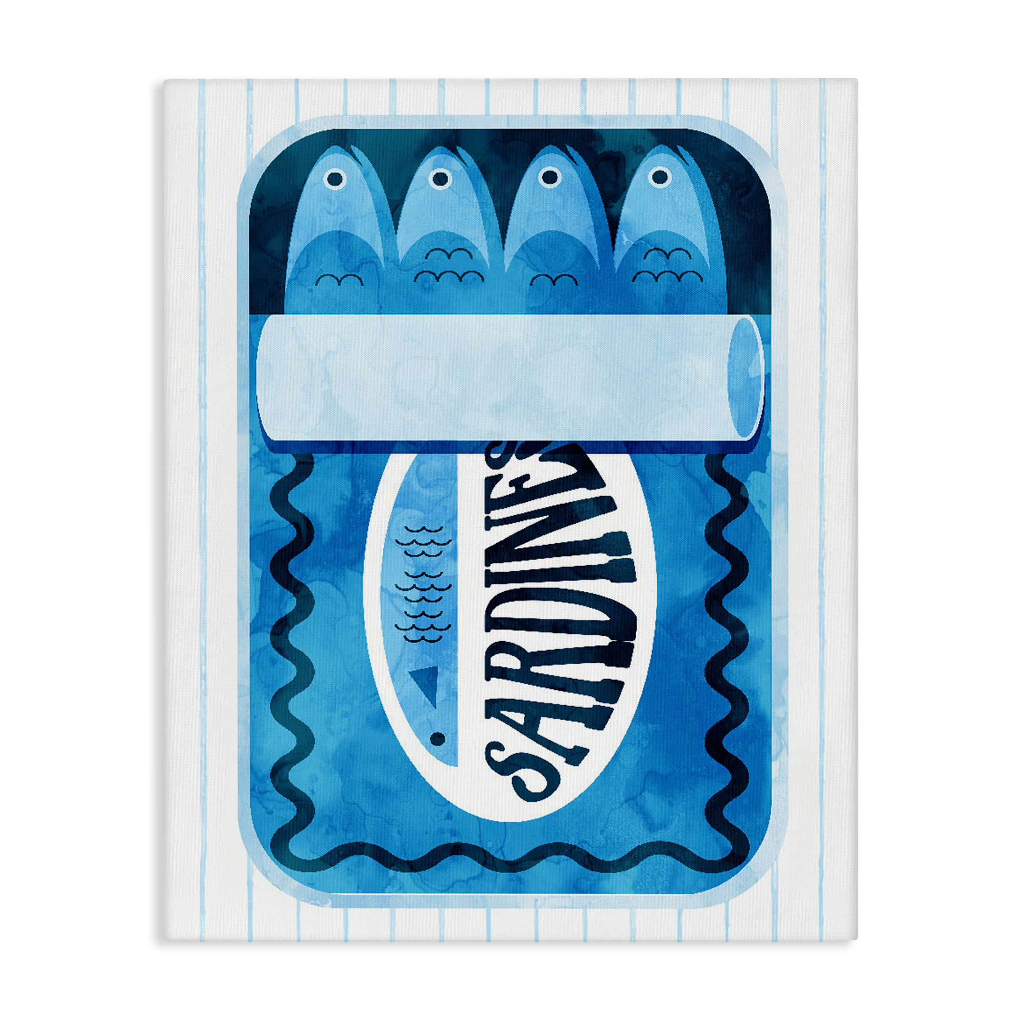 Blue Sardine Tin Over Stripes Canvas Wall Art, design by Daphne Polselli