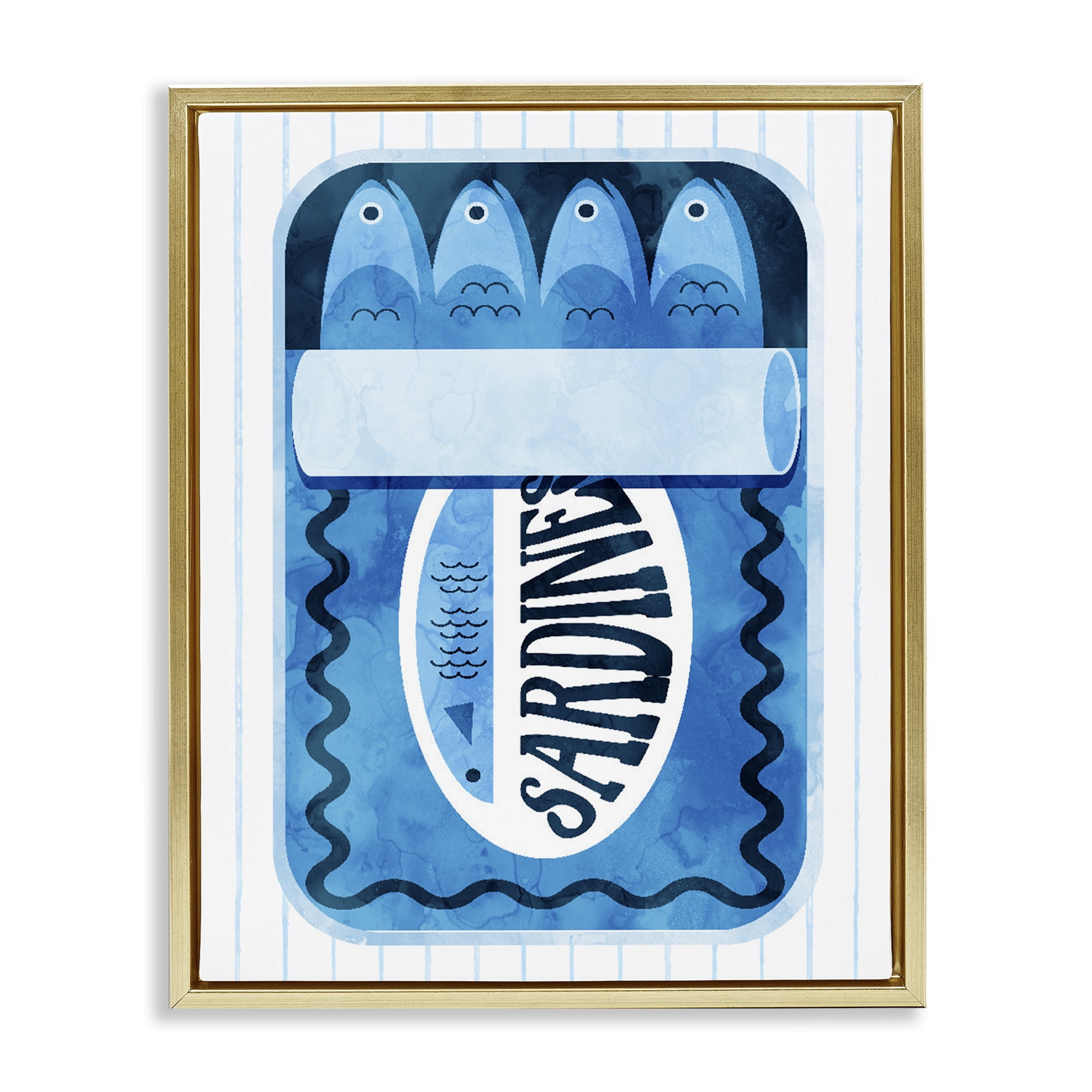 Blue Sardine Tin Over Stripes Gold Framed Floater Canvas Wall Art, design by Daphne Polselli