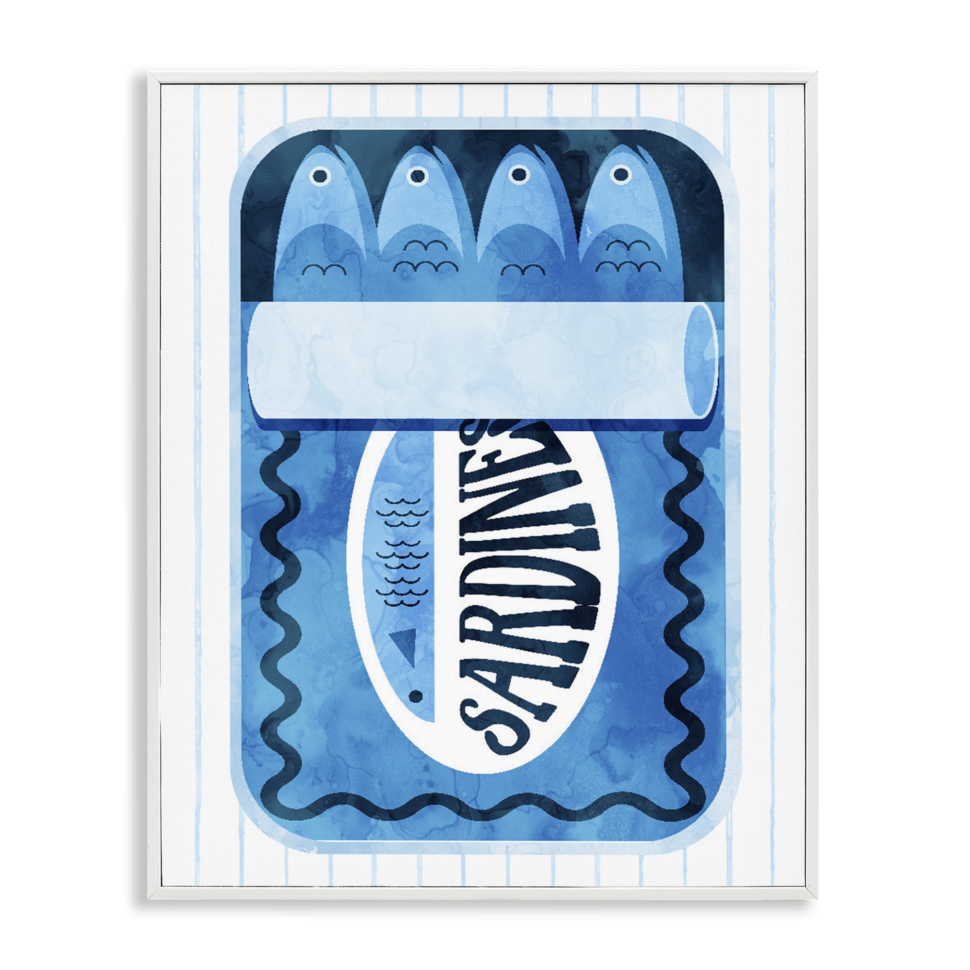 Blue Sardine Tin Over Stripes White Framed Giclee Art, design by Daphne Polselli