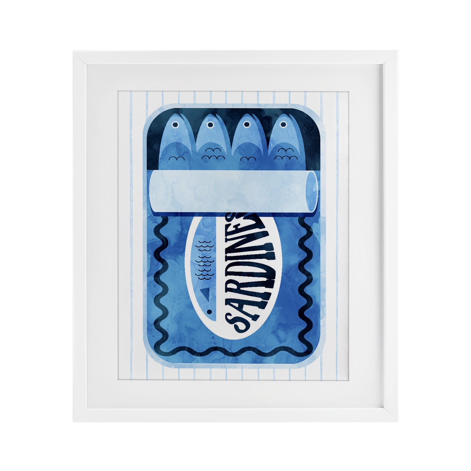 Blue Sardine Tin Over Stripes White Framed Print Under Glass, design by Daphne Polselli