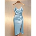 thumbnail image 1 of Blue Satin Bodycon Dress With Pearl-Embellished Spaghetti Straps, Crossover Neckline, Ruched Waist And Side Slit, 1 of 5