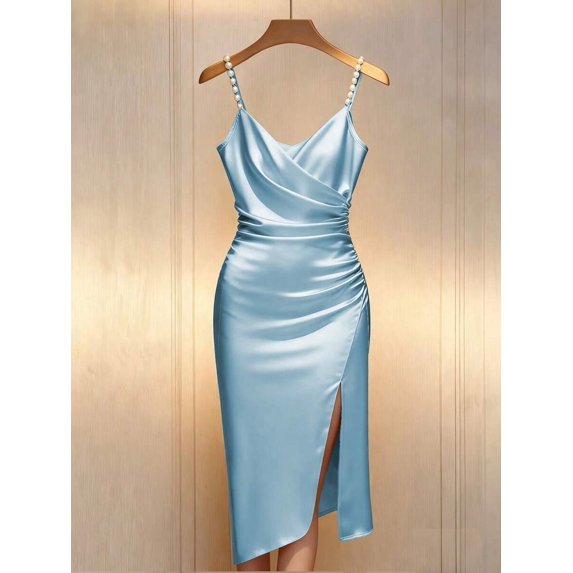 Blue Satin Bodycon Dress With Pearl-Embellished Spaghetti Straps, Crossover Neckline, Ruched Waist And Side Slit