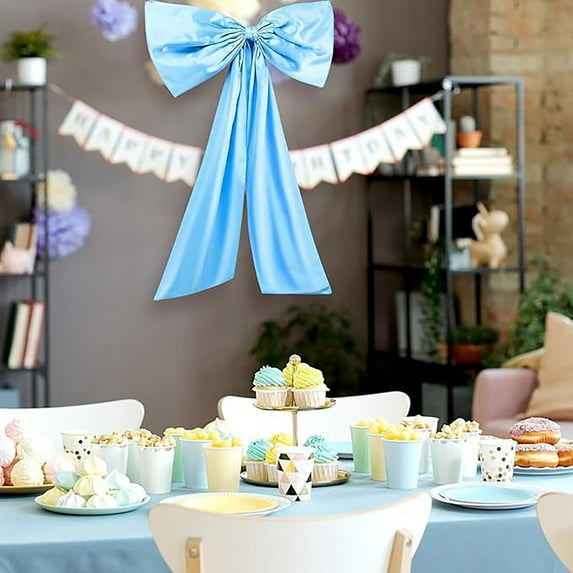 Blue Satin Bow Christmas Tree Topper - 43 Inch Oversized Elegant Tree Topper with Flowing Tails for Large Christmas Trees