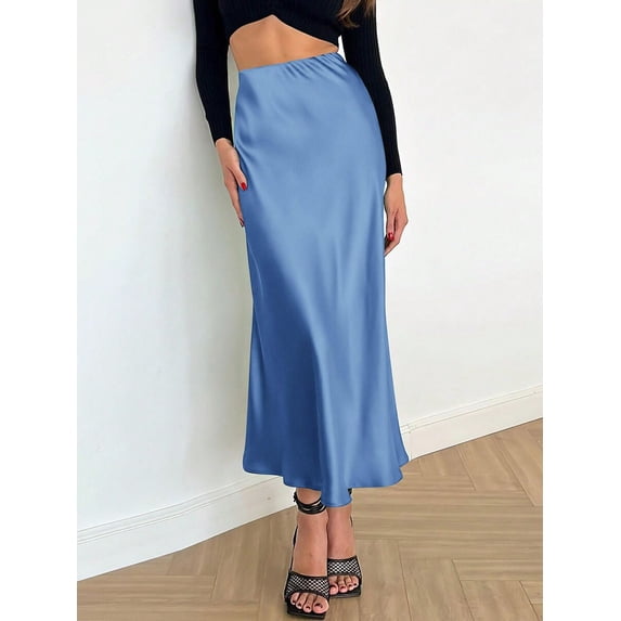 Blue Satin High Waist A-Line Midi Skirt Women Elegant Flare Skirt