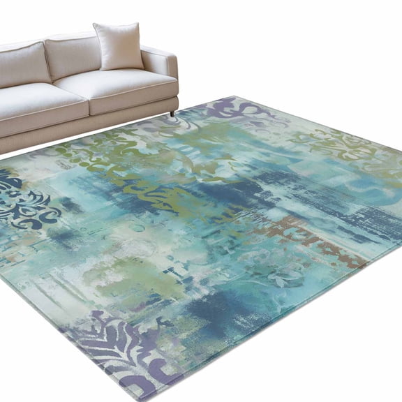 Blue Satin Texture 6x9ft Non Slip Area Rug Retro Abstract Green Purple Ethnicity Texture Washable Soft Area Rugs for Living Room, Indoor Circle Carpet for Bedroom Dining Room Kitchen