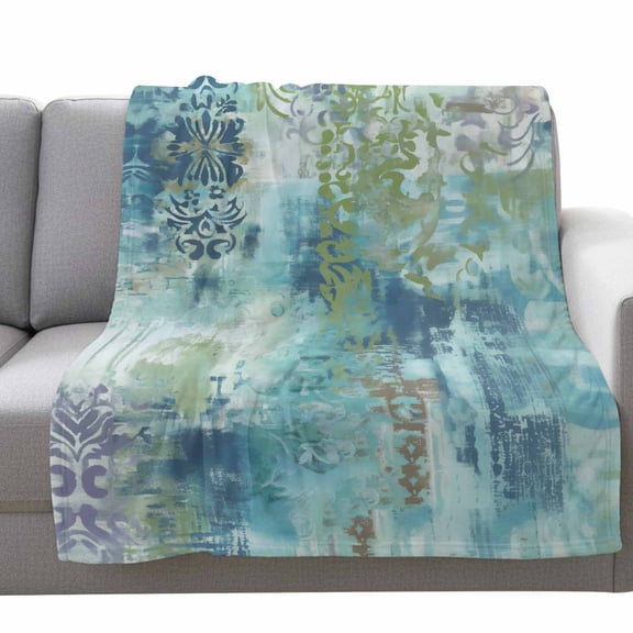Blue Satin Texture Fleece Throw Blanket Lightweight Retro Abstract Green Purple Ethnicity Texture Fuzzy Flannel Throws Super Soft Cozy Flannel Blanket for Couch, Sofa, Bed, Travel 50"x80"
