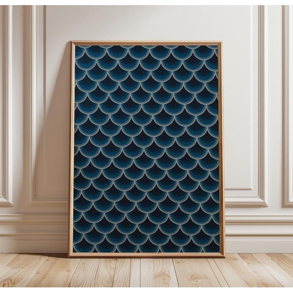 Blue Scale Pattern Dark Geometric Modern Coastal Wall Art Unframed Paper Print