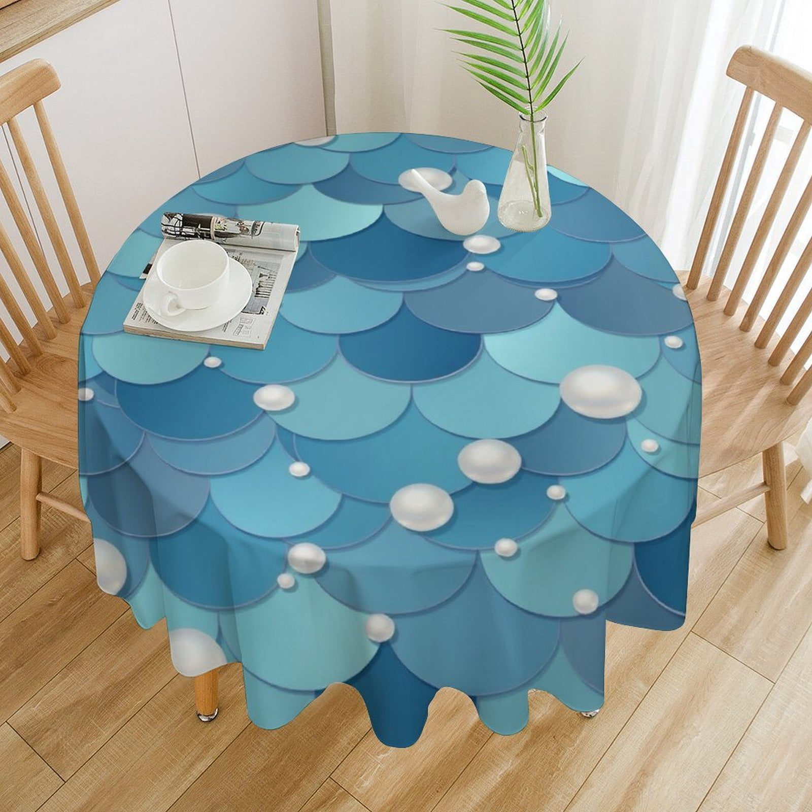 Table Scale Decor Blue Scales Pearls Polyester Round Waterproof Cover Table Decor ...