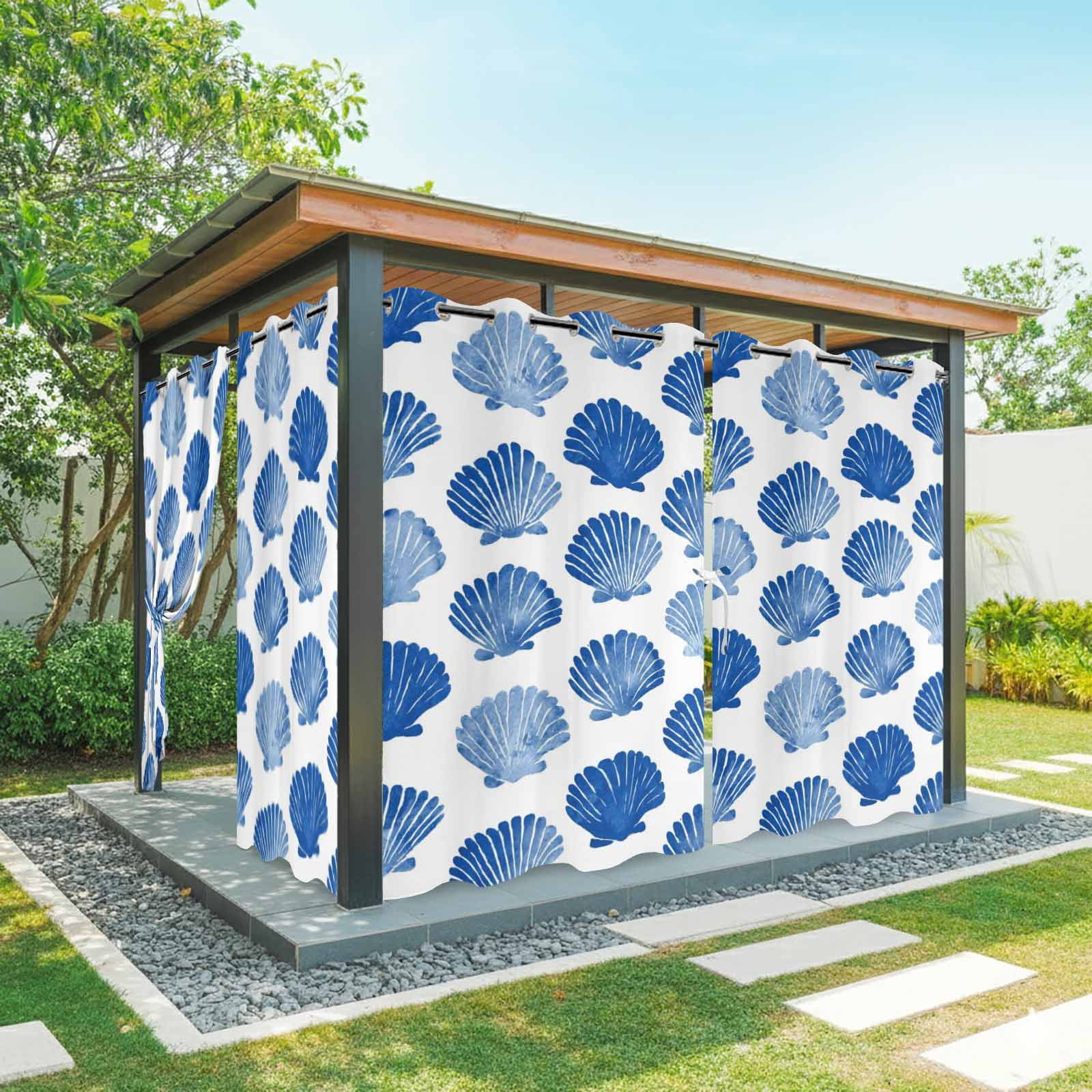 Blue Scallops Shell Outdoor Curtains for Patio, Sea Ocean Coastal Nature Summer Sunshade Privacy Drapes Grommet Waterproof Outside Curtains for Porch/Cabana/Balcony 54"x 108", 1 Panel