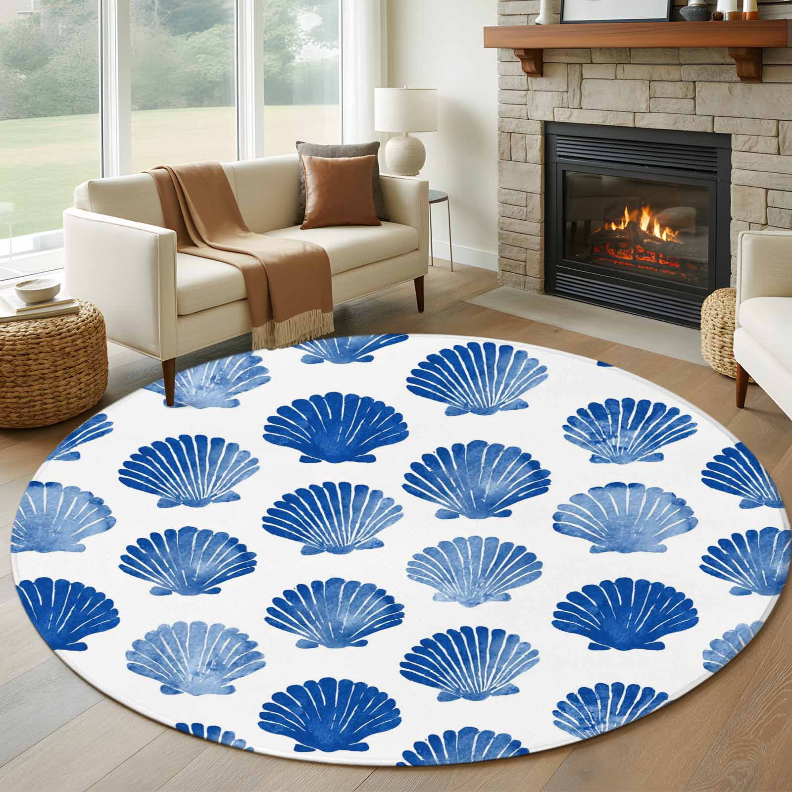 Blue Scallops Shell Round Rugs for Living Room 6ft Sea Ocean Coastal ...