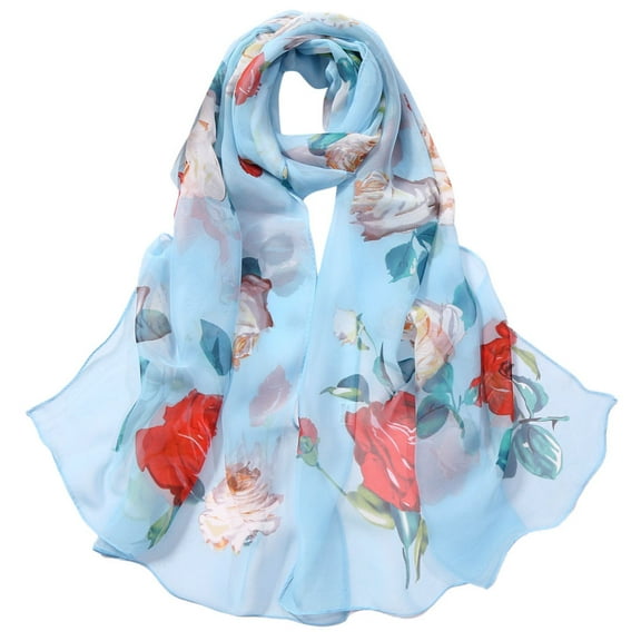Blue Scarf Fashion Women Roses Printing Long Soft Wrap Scarf Simulation Silk Shawl Scarves