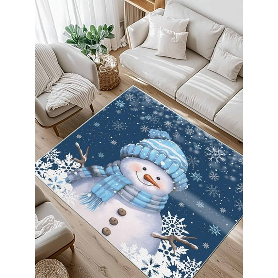 Blue Scarf Snowman with Cap Scarf Area Rug for Bedroom 3x5 Ft Christmas Xmas Blue Snowflake Super Soft fuzzy Throw Rug Non-Slip Fluffy Plush Indoor Floor Carpet for Living Room Nursery Home Decor