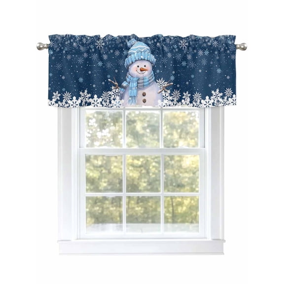 Blue Scarf Snowman with Cap Scarf Valances for Windows Christmas Xmas Blue Snowflake Rod Pocket Curtains Valance Short Window Treatment Drapes for Living Room, Bedroom Bathroom 56"&nbsp;W x 16" L
