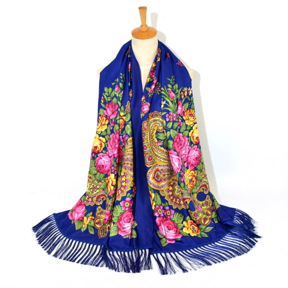 Blue Scarf Women Lady Folk-Custom Print tie Tassel Square Scarf Wrap Shawl Travel Scarve